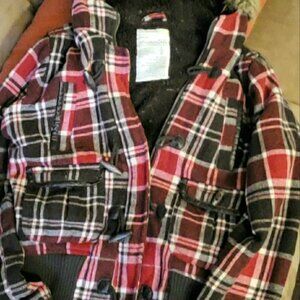 Aeropostale Red and Black Checkered Jacket With Removable Fuax Fur Lined Hood